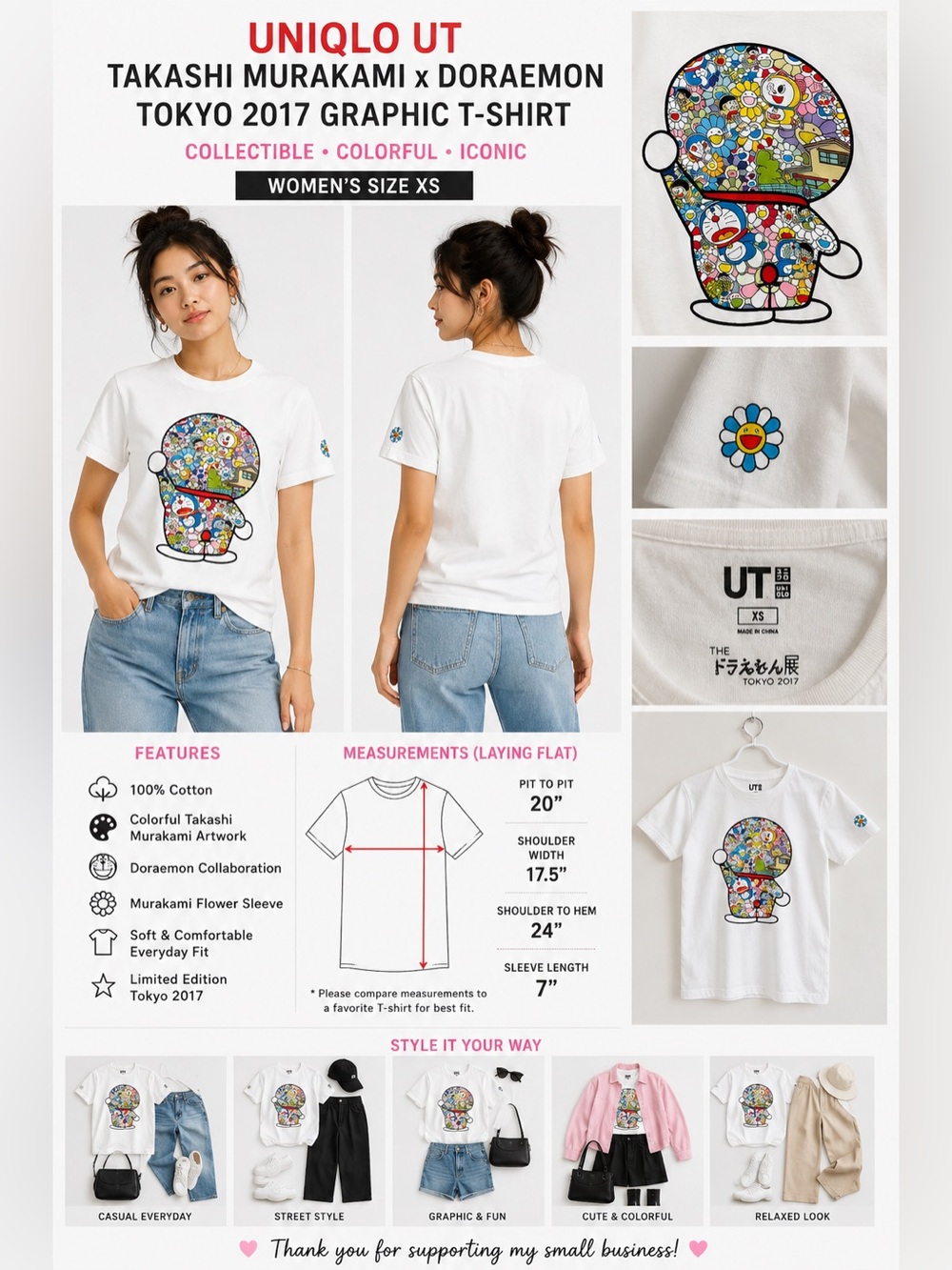 Uniqlo UT x Takashi Murakami Doraemon Tokyo 2017 Graphic T-Shirt White XS Cotton